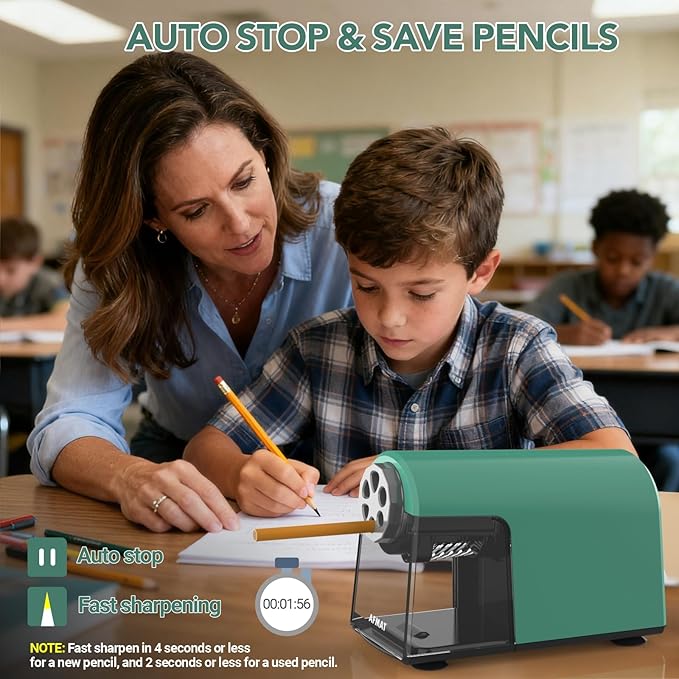 AFMAT Electric Pencil Sharpener for Classroom, 6 Holes, Cordless & Rechargeable, Fast Sharpen, Auto Stop, 10K+ Uses, Heavy Duty Pencil Sharpener for 6-11mm No.2/Large/Colored Pencils PSD2(Green)