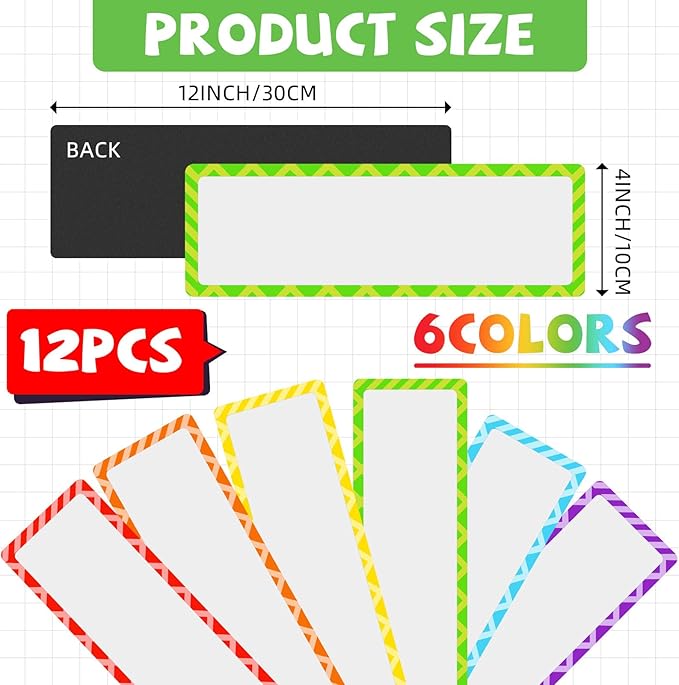 12 Pcs Large Magnetic Dry Erase Labels for Classroom, 12 x 4 Inch Rectangle Magnetic Name Plates Label Flexible Magnet Stickers for Whiteboards Refrigerator (Light Color,Style 7)