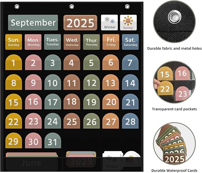 REGELETO Large Boho Calendar Pocket Chart with 96 Cards for Classroom, Size:32.25 x 24.125 inch Black Monthly Calendar and Weather Pocket Chart for Student Learning for Home or School.