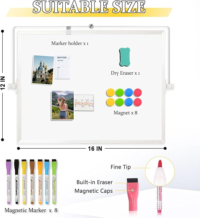 Dry Erase Magnetic White Board, 16" x 12" Double-Sided Desktop Whiteboard with Stand, Portable Small Whiteboard Set for Drawing, Office, Home