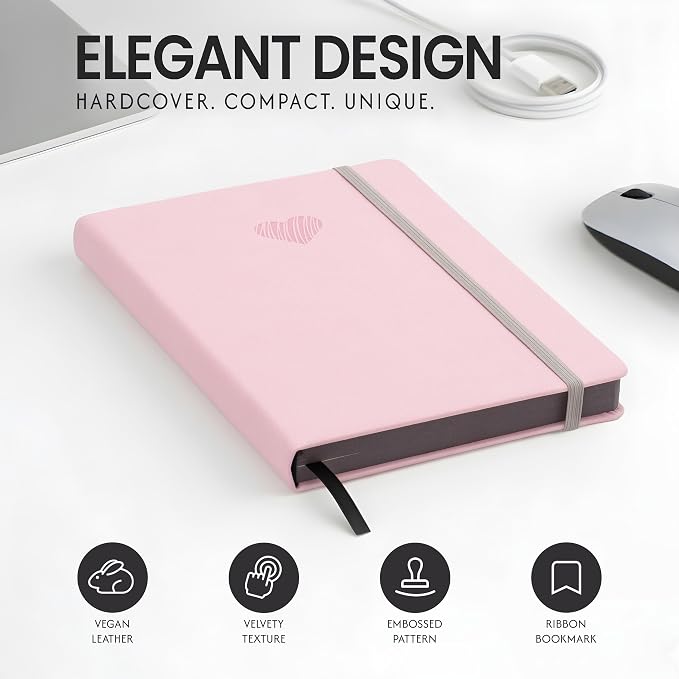 EVERLINEA 5.6” x 8.3” Embossed Heart A5 Hardcover Notebook, 240 Dotted Pages, Powder Pink