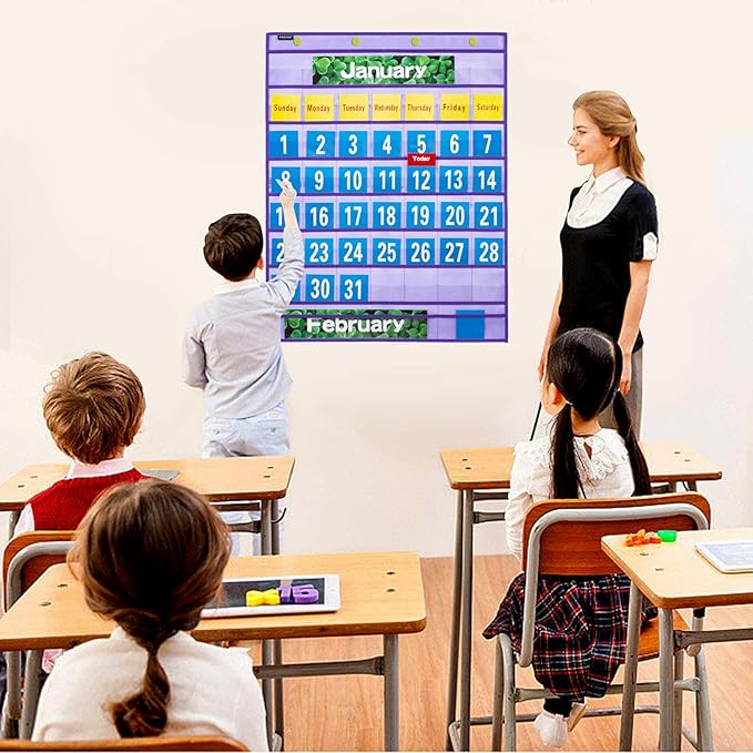 Monthly Calendar Pocket Chart School Calendar Kit for Classroom Scholastic Classroom Learning Resources (Purple)