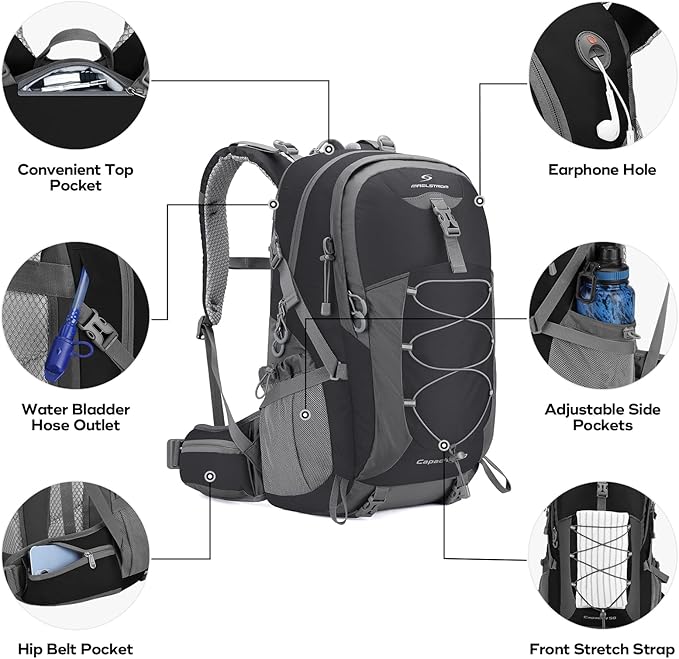 Maelstrom 50L Hiking Backpack, Lightweight Camping Daypack with Rain Cover | Water-Resistant Rip-Stop Nylon, Wet/Dry Separation, Multi-Pockets, Survival Whistle. Ideal For Men, Women, Travel, Trekking