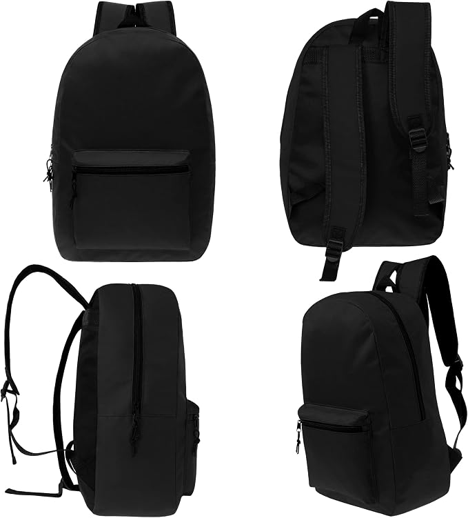 17 Inch Bulk Backpacks in Black Color with 50 Piece Student Supplies Kits - Pens, Pencils, Crayons, and More, Wholesale Case of 12 Value Bundle Packs