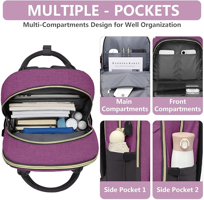 Laptop Backpack for Women Work Bag - 15.6 inch Travel Backpack with USB Charger Business Computer Backpacks for Work College Back pack for Teacher Casual Waterproof Bookbag for Nurses Purple