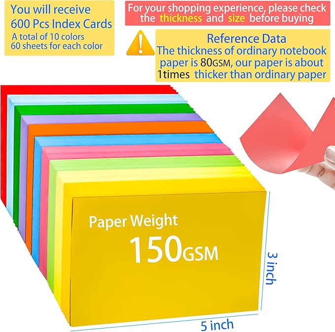 600Pcs Blank Colored Index Cards 3x5 Inch Flash Cards, Blank Note Card Flashcards, Colorful Card Pad Index Note Books 3 x 5 Notecards for Studying School Supply College Office