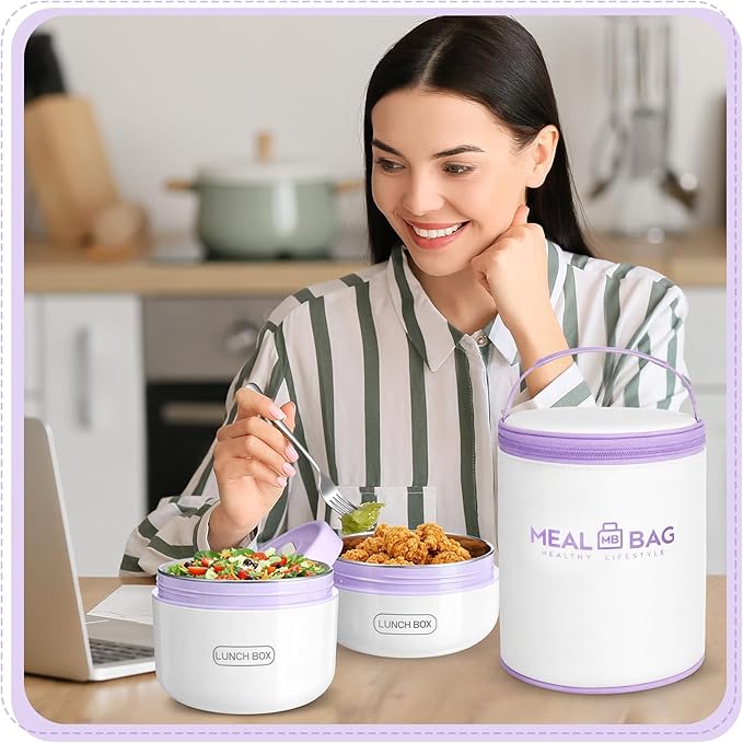 Dandat 2 Pcs Portable Insulated Lunch Containers Thermal Bento Box with Bag Fork Knife Microwavable Stainless Steel Lunch Box 15.2 oz 21 oz Separate Stackable Food Jar for Adult Men Women(Purple)