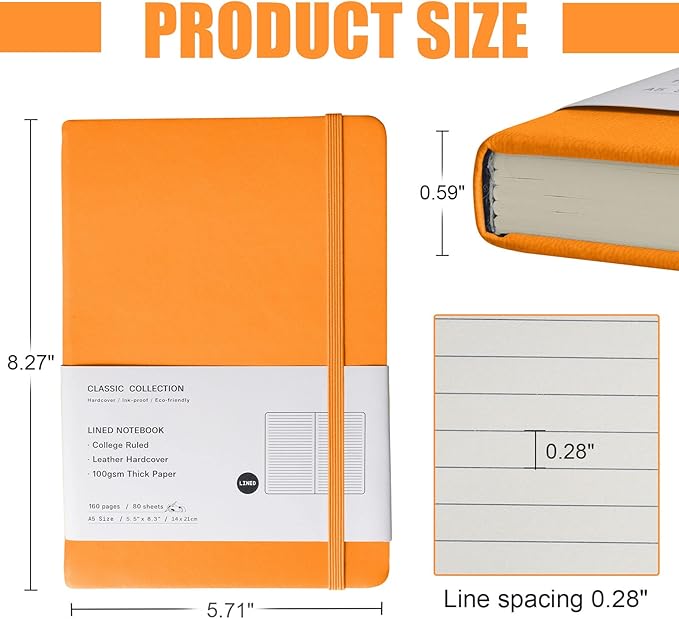 Lined Journal Notebook, 6Pack Hardcover Notebook for Men & Women – Journals for Writing, Work, School, Home & Daily Notes, 160 Pages – Medium A5, 5.7"x8", 100 gsm Thick Paper (Orange)
