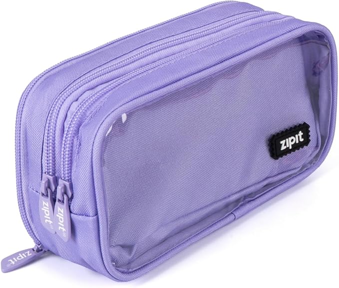ZIPIT Half & Half Pencil Case for Girls, 3-Compartment Zipper Pouch, Purple | Clear-front pencil case for school, dedicated organizer panels, holds up to 70 pens & pencils, durable easy-care polyester