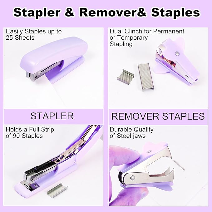 Gawsey Desk Organizers and Accessories Set with 360-Degree Rotating Pen Holder, Tape Dispenser, Stapler, Staple Remover, 1000 Staples, Tape, Clips Set, Ruler, Scissor, Pen (Purple)