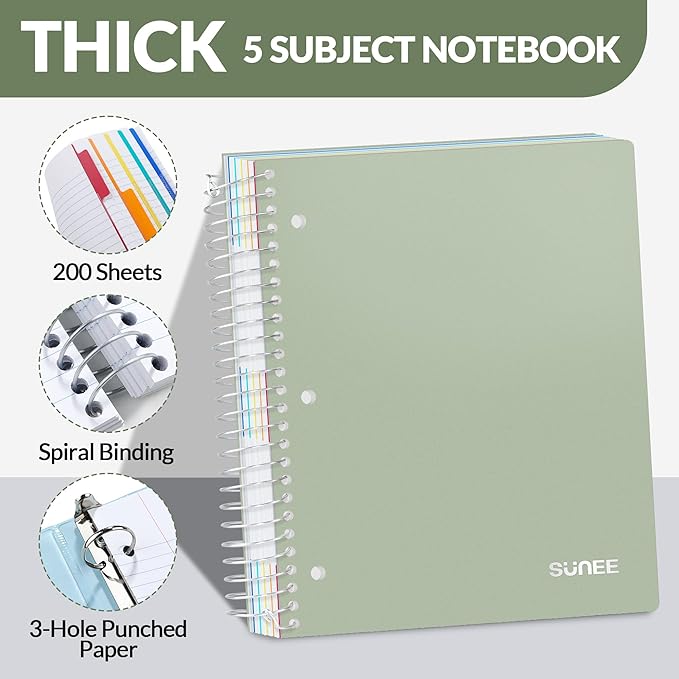 SUNEE 5 Subject Notebook College Ruled - 200 sheets (400 Pages), 9"x11", 5 Pocket Colored Dividers, 3-Hole Punched Paper, Sage Green