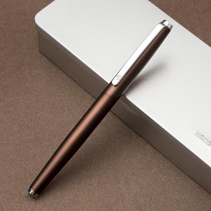 HongDian 525 Brown Metal Fountain Pen Bent Nib, Calligraphy Fude Pen 0.6mm with Converter and Metal Box Set