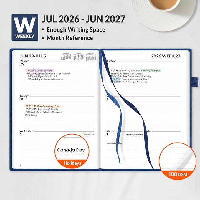 SUNEE 2026-2027 Weekly & Monthly Hardcover Planner 5.5" x 8.3" - 12 Month (July 2026 - June 2027), Small Academic Year Calendar Planner, Pocket, Notes, 100 GSM Paper, Deep Blue