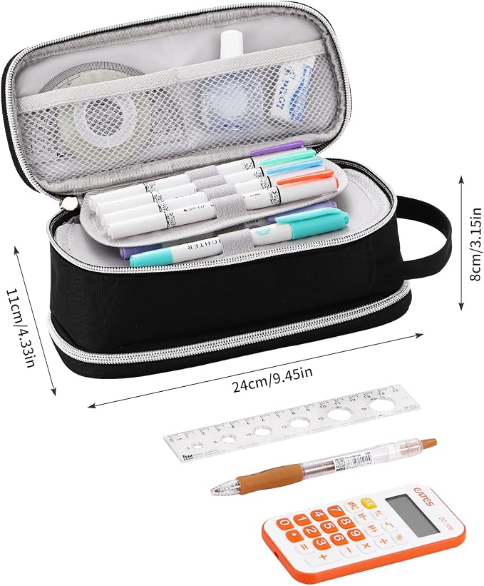 Dugio Large Pencil Case Organizer Big Pencil Pouch for Boys Kids Black | Teens Pencil Bag with Zipper Aesthetic Stationery Pen Pencil Case for School, Large Capacity Design, Thick Multi-layer Fabric
