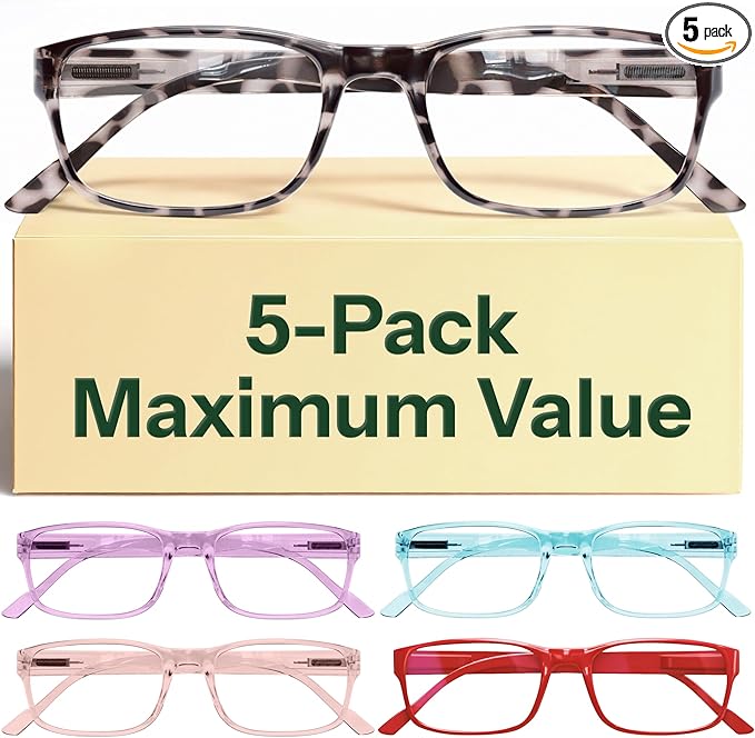 Gaoye Reading Glasses Blue Light Blocking, Spring Hinge Readers for Women Anti Glare Filter Lightweight Eyeglasses (5-Pack Mix Color 2, 1.25)