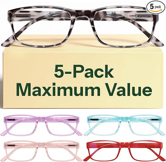 Gaoye Reading Glasses Blue Light Blocking, Spring Hinge Readers for Women Anti Glare Filter Lightweight Eyeglasses (5-Pack Mix Color 2, 2.0)