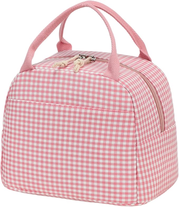 CAMTOP Lunch Box Kids Insulated Lunch Bag Large Reusable Leakproof Cooler Lunch Bags for Boys Girls School Travel Picnic (Pink and White Checkered)