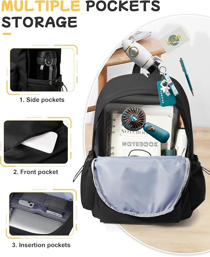 SEAFEW Black Backpack for School Women Girls, Waterproof Bookbag Cute High School Backpack for Men Teen Boys, Lightweight Travel College Back Pack Mochilas Escolares para Casual Daypack Rucksack