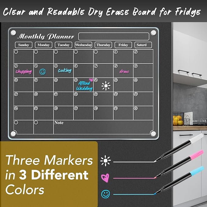 DIYMAG Magnetic Calendar for Refrigerator Dry Erase Wall Planners 15.2"x11.2" Magnet Fridge Monthly White Board Planning Acrylic Clear Chalkboard Apartment Decor Meal Planner with 3 Colors Markers