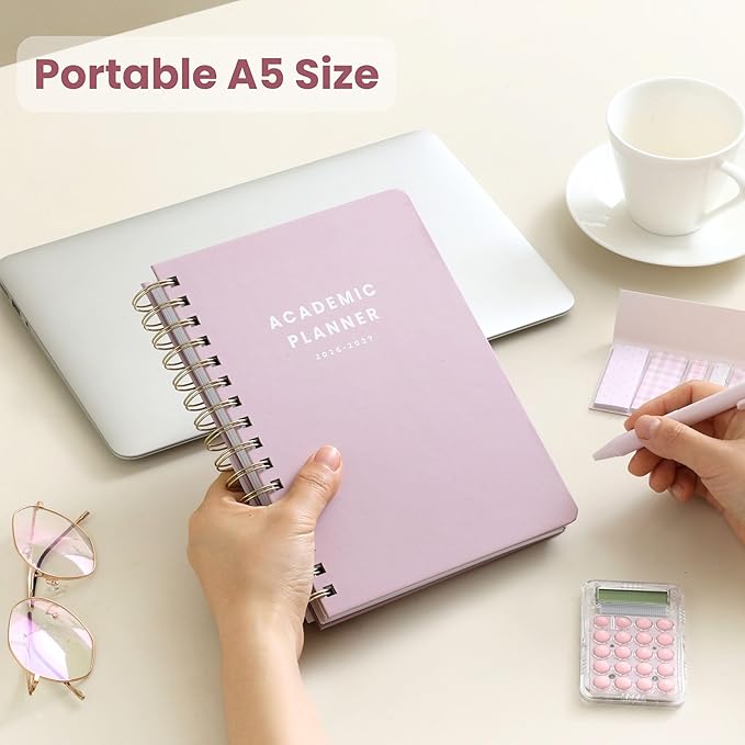 Academic Planner Aug 2026-July 2027, A5 Size, Student Planner with Monthly & Weekly Layout, Spiral Planner with Tabs, Class Schedule, Major Deadlines & Project Planning (Pink)