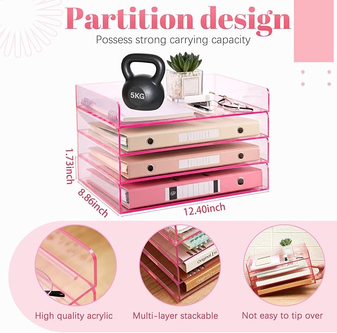 Harloon 4 Tier Clear Hot Pink Acrylic Paper Organizer Letter Tray, Aesthetic Stackable Low Profile Desk File Organizer Modern Heavy Duty Paper Holder Tray for A4, Office Home File Pad Books Notes