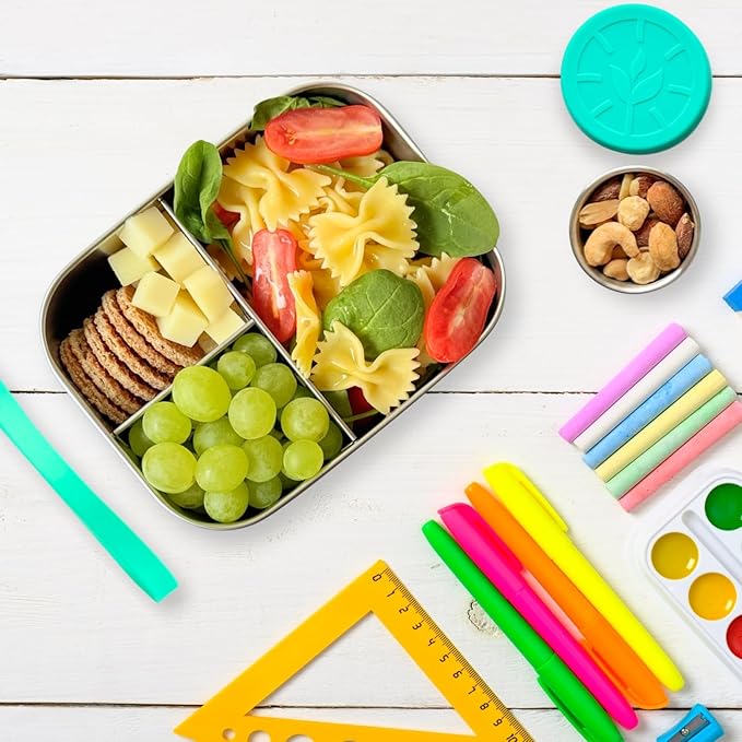 TAVVA Stainless Steel Lunch Box for Kids Ages 6-9 | 2-Piece Set | 27oz Metal Bento Box with 100% Steel Lids | 1.7oz Dip Cup with 100% Leakproof Silicole Lid | BPA-Free | Freezer & Dishwasher Safe