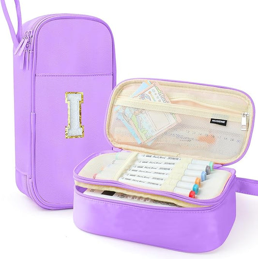 Large Pencil Case,Big Capacity Pencil Pouch,Personalized Initial Pencil Bag with smooth zipper,Multiple Pockets,Cute Aesthetic Stationery Pen Case Bag for Teen Girls College (Purple, I)