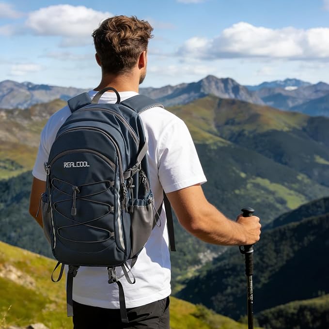 RealCool 30L Lightweight Hiking Backpack, Waterproof Daypack for Camping | 210D tear-resistant nylon, breathable shoulder and back panel, Multi-Compartment,hydration system,reflective strip,bungee net