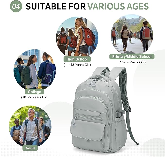 Aesthetic Daypack Backpack, Water-Resistant 15.6" Laptop Backpack for Women and Men, Featuring Touch-Fastener and Anti-Theft Pockets (Gray)