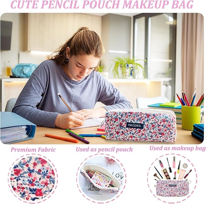 Pencil Pouch Cute Pencil Case Office Storage Bag Holder Box Organizer Aesthetic Bow Flower Pattern Makeup Pouch Cosmetic Bag for Women Girls