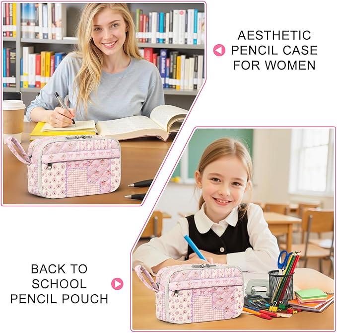 WOBAGMEN Quilted Pencil Pouch for Girls Women, Large Pencil Case Pouch with Compartments Cute Aesthetic Pencil Case Organizer, Floral Pencil Bag for School Supplies (pink pin)