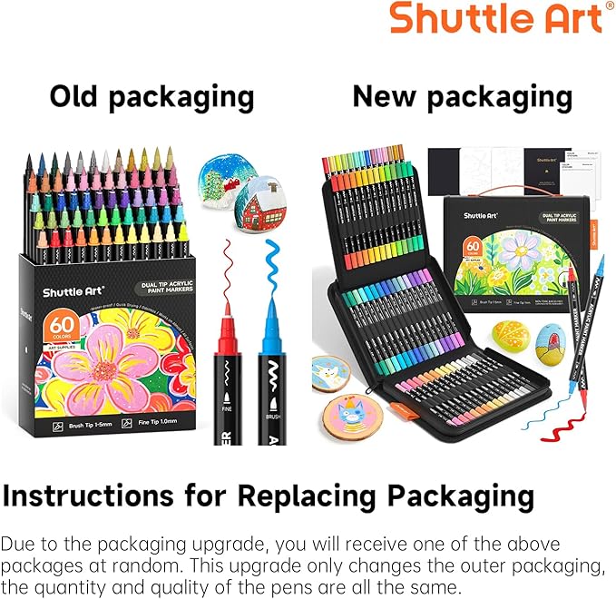 Shuttle Art 60 Colors Dual Tip Acrylic Paint Markers, Brush Tip and Fine Tip Acrylic Paint Pens for Rock, Ceramic, Wood, Canvas, Plastic, Glass, Stone, Calligraphy, Card Making, DIY Crafts