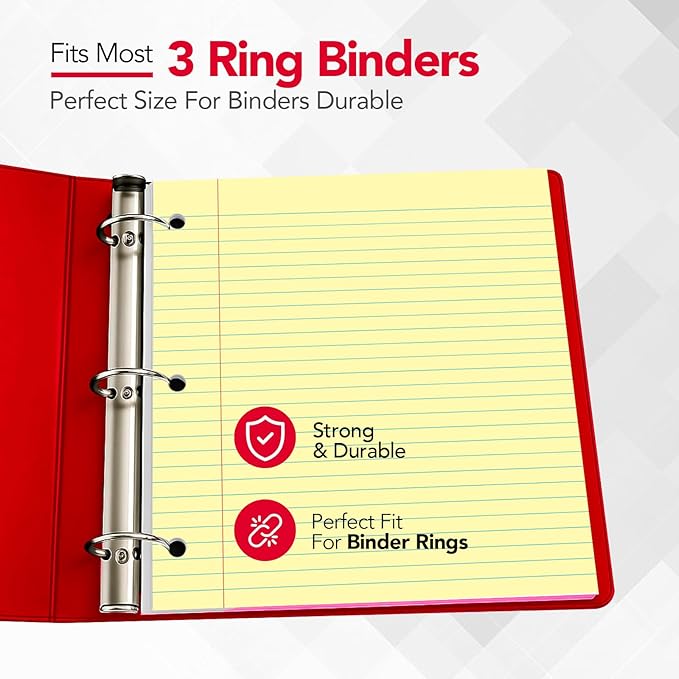 KAISA Loose Leaf Notebook Paper, Wide Ruled, 300 Sheets Per Lined Paper, 8" x 10.5", 3 Hole Punched for 3 Ring Binder, Canary, Made In USA