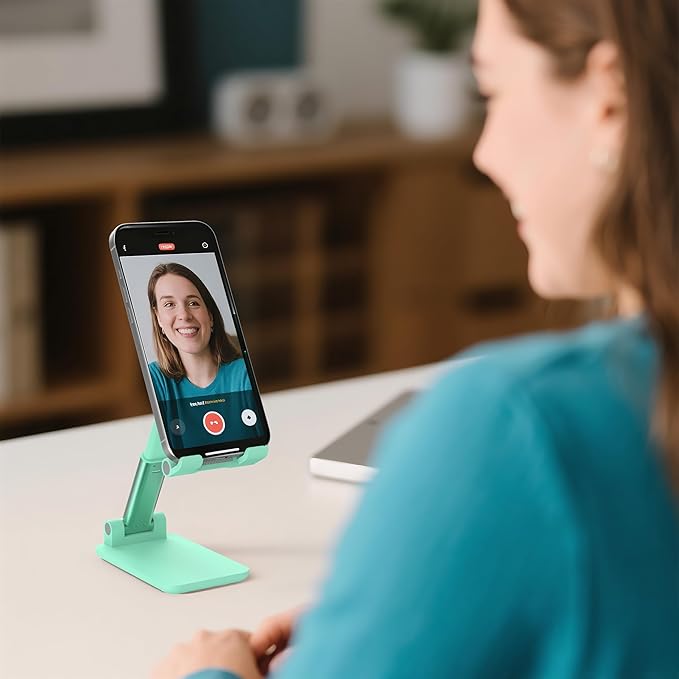 Cell Phone Stand, Adjustable Angle and Height Cell Phone Holder for Desk, Foldable and Portable, Anti-Slip Silicone Pad, Compatible with All Mobile Phones and 4-8 Inch Devices (Green&Green)