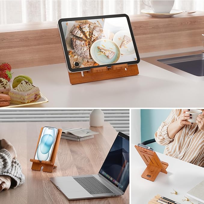 Pezin & Hulin Bamboo Cell Phone Stand, Wood Dock Holder, Portable Desktop Phone Rack, Compatible with Mobile Phone and Tablet -Slim Version (Brown)