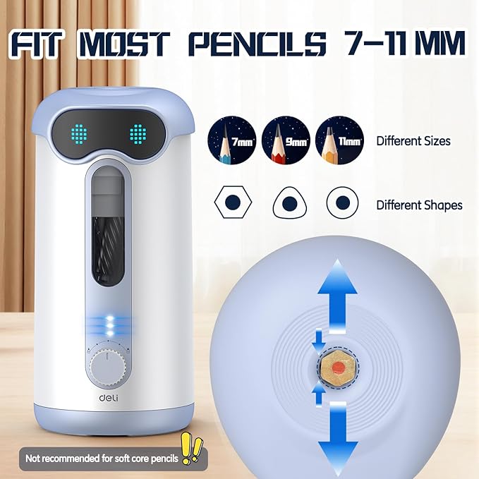 deli Electric Pencil Sharpener, Fully Automatic Pencil Sharpener for 7-11mm Colored/Jumbo Pencils, Auto in & Out, Rechargeable Hands-Free Pencil Sharpener for Classroom Home Office, Low Noise, Blue