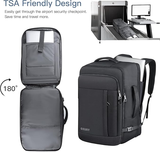 Gieury Carry On Backpack, 50L Travel Backpack, Luggage Backpack TSA Flight Approved Laptop Backpack for Men & Women, Large Expandable 40L Daypack Lightweight Business Weekender Bag, Black