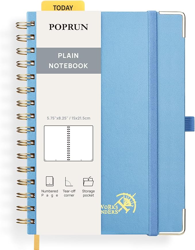 POPRUN Blank Spiral Journal Notebook, A5 Hardcover Sketch Books, 141 Pages Unlined Journals for Women Men, 120 GSM Plain Notebooks for Sketching, Drawing, Painting, 5.75'' x 8.25'', Haze Blue