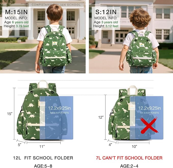 STEAMEDBUN Corduroy Kids Backpack for Boys and Girls 5-8: Boys Backpack for Elementary Kindergarten - 15 inch Cute Backpacks for Kids - Dinosaur