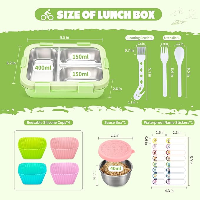 Stainless Steel Lunch Box for Kids, Durable Bento Box Containers with 3 Compartments, Leakproof Lock & Portable Utensil Set, Office, Picnics, Travel, Freezer&Dishwasher Safe, Green