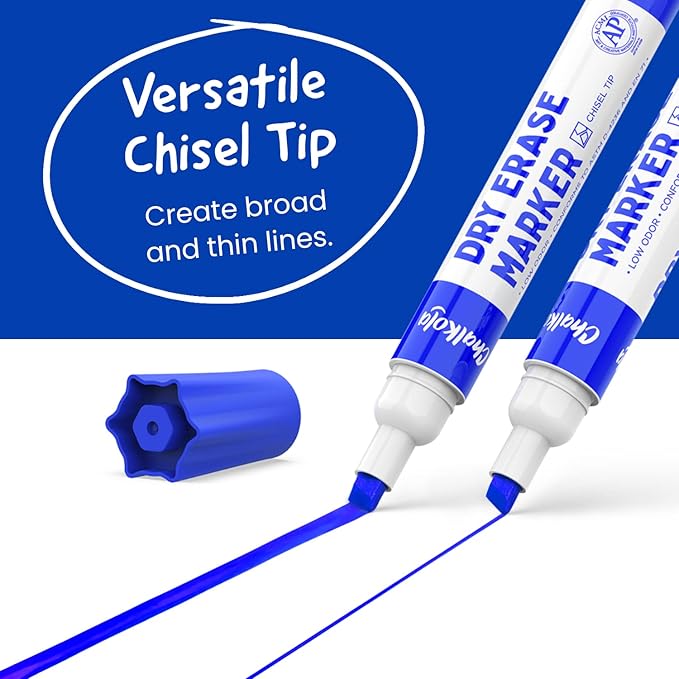 Chalkola 60 Blue Dry Erase Markers Bulk Pack, Blue Chisel Point White Dry Erase Pens - Low Odor Whiteboard Markers for Kids, Home, Office, Back to School Supplies
