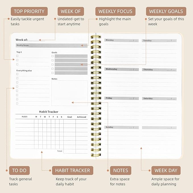 Weekly Planner Undated - 52 Weeks To Do List Notebook A5 for Work: Weekly Task, Habit Tracker Journal, Goal Setting, Agenda Sprial Bound Organizer Book for Women Cute Stylish Design, Flower