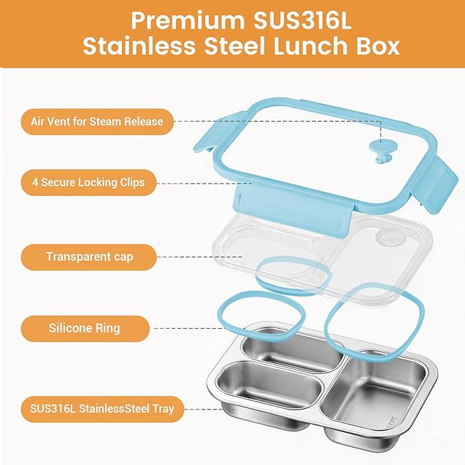 Premium 25oz SUS316L Stainless Steel Lunch Box Bento Box - Reusable Metal Snack Containers with Lids for Kids & Adults - Daycare/School/Work/Travel - Superior Corrosion-resistant (Blue)