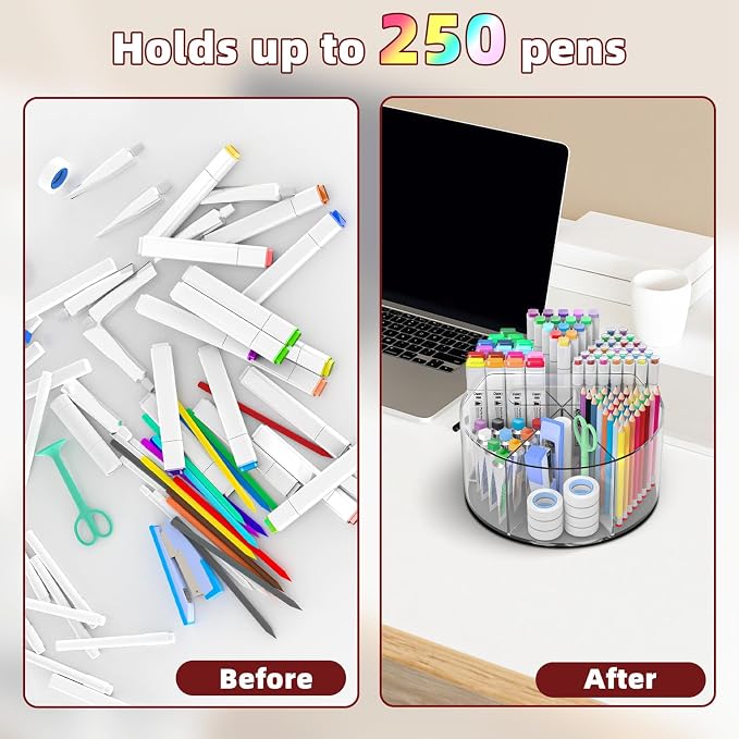 Absonic 500 PCS Acrylic Pencil Holder, 360 Rotating Clear Marker Organizer, Pen Crayon Marker Caddy Organizer for Desk, Desktop Storage and Organizer for Office School Art Supplies, 2 Pack