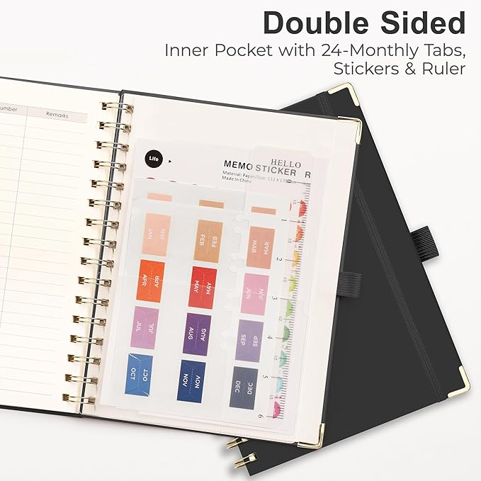 RETTACY Undated Planner, Weekly and Monthly, 53 Weeks and 12 Months, Medium Size (5.7" x 8.3"), 24 Self-adhesive Monthly Tabs, Hardcover, 100 GSM Thick Paper, Spiral-bound (Black)
