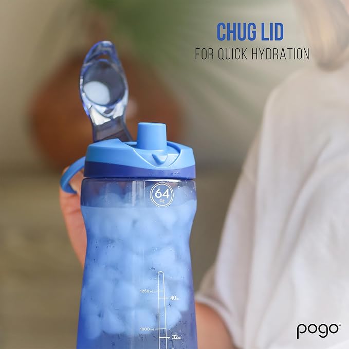 Pogo 64oz Plastic Water Bottle with Chug Lid and Carry Loop, Gray | Leakproof water bottle with chug lid and capacity markings. BPA-free, great for travel, school, outdoors, and gym.