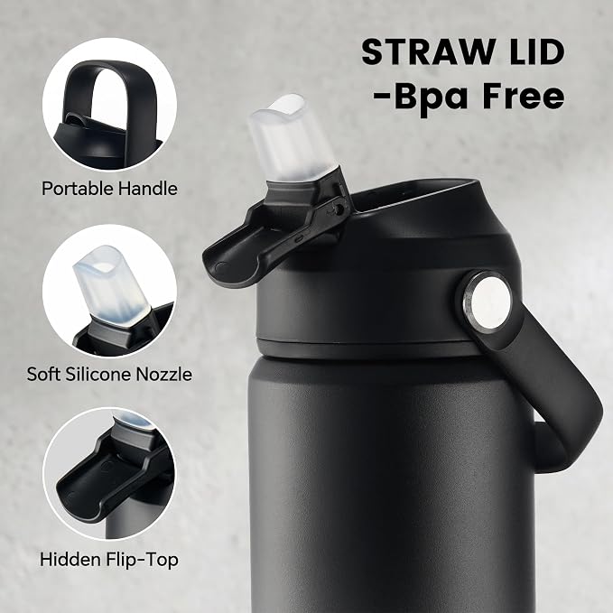 Fijinhom 18 oz Insulated Water Bottle with 2 Lids, Stainless Steel Water Bottles, Double Wall Vacuum, Portable Handle & Non-slip Bottom, BPA Free Leak Proof Metal Bottles, Keep Cold 24H, Black