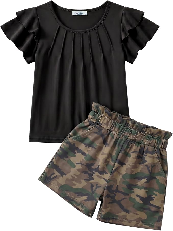 Arshiner Girls 2 Piece Outfits Summer Ruffle Sleeve Top and Paperbag Waist Shorts Set with Pockets Size 5-13 Years