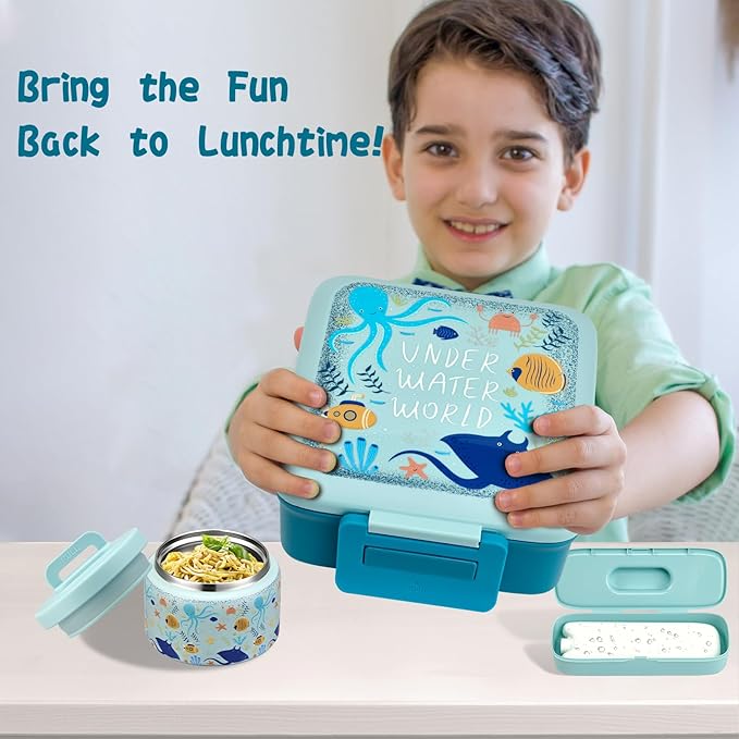 JXXM Bento Lunch Box for Kids with 8oz Soup Thermo,Leak-Proof Lunch Containers with 5 Compartment,Thermo Food Jar Food Containers for School (Blue-Octopus)