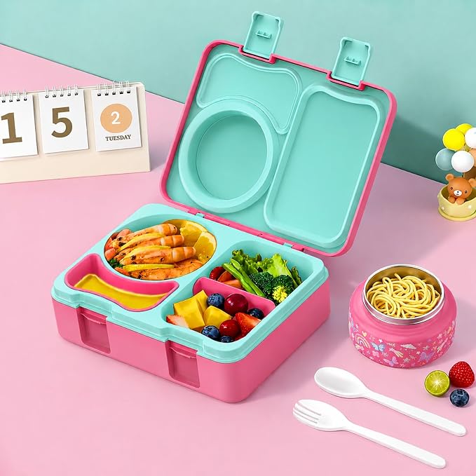 Kids Insulated Lunch Box with 8OZ Thermo Food Jar | Leakproof Bento Box with Ice Pack Sauce Cup Utensils Removable Tray & Dividers for School Daycare Travel, Rainbow Butterflies